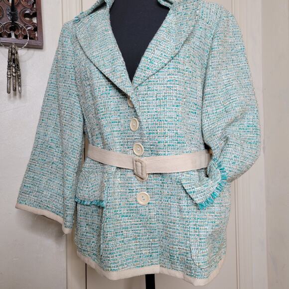 VTG Nanette Lepore Tweed 3/4 Sleeve Turquoise Fringe Jacket Blazer Belt Y2K✨️12 - Picture 12 of 16